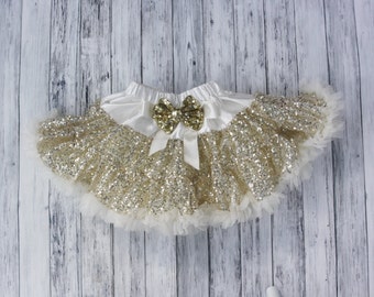 Gold Sequins Pettiskirt-Baby Skirt-Toddler Skirt-Girls Ivory Skirt-Lace Petti-1st Birthday Outfit-Tutu skirt-Extra Fluffy Skirt-Sequin Skirt