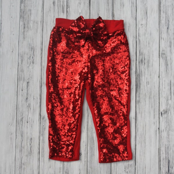 Red sequin leggings w/ sequins messy bow, gold sparkle pants, girls leggings, toddler gold pants, sequin leggings, sequin pants, girl tights