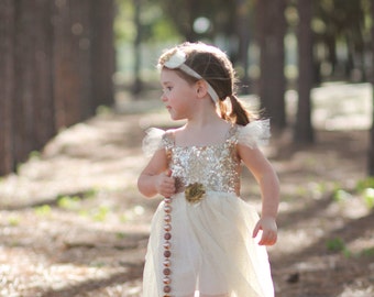 Ivory Gold Sequined Glitter Tulle Princess Girls Toddler Baby Dress, 1st Birthday Dress,  Flower Girl Dress, Tutu Dress, Holiday Dress