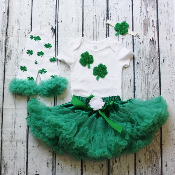 Girls Deluxe Ruffle Green Skirt, Shirt, Leggings and Headband Set-Toddler Skirt-Lace Petti- 1st St Patrick's Day Outfit-Tutu Skirt