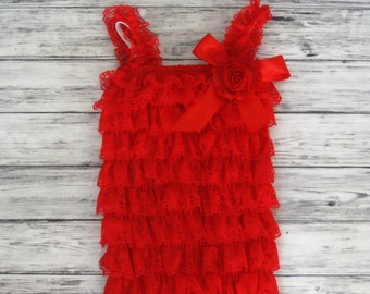 Red Petti Romper with ribbon and FLower- U Pick the Color of Flower-Petti Lace Romper-Girls Lace Romper-Romper-Baby Outfit- Baby Romper-