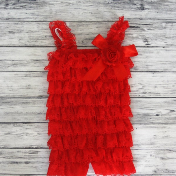 Red Petti Romper with ribbon and FLower- U Pick the Color of Flower-Petti Lace Romper-Girls Lace Romper-Romper-Baby Outfit- Baby Romper-