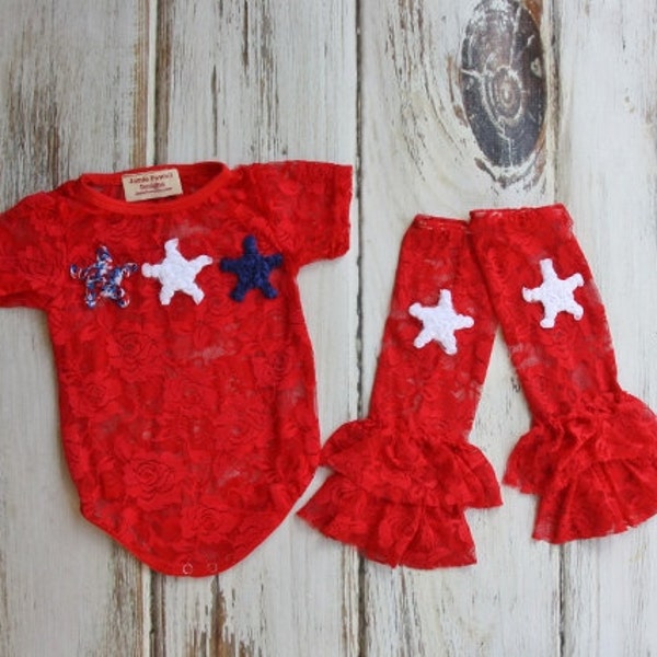 Red Baby lace shirt with Stars and Legging set- 1st 4th of July Outfit lace baby bodysuit-Lace tshirt-Tutu top- lace baby shirt-Baby Clothes