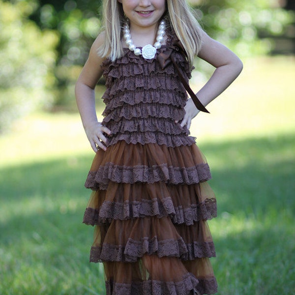 Brown Flower Girl Dress- Flower Girl Dresses- Brown dress with flower and rhinestone- Lace dress- Rustic Girls Dress- Junior Bridesmaid