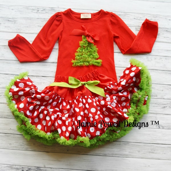 Christmas Deluxe Skirt and Shirt Set- Christmas Tree- -Baby's 1st Christmas- Petti Skirt- Toddler Christmas outfit- Girls Holiday Dress