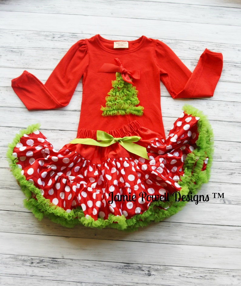 Christmas Deluxe Skirt and Shirt Set- Christmas Tree- -Baby's 1st Christmas- Petti Skirt- Toddler Christmas outfit- Girls Holiday Dress 