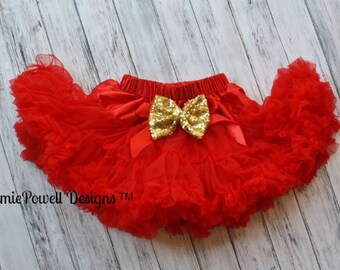 Girls Deluxe Ruffle Skirt w/ Messy Sequins Gold Bow-Toddler Skirt-Girls Red Skirt-Lace Petti-1st Birthday Outfit-Tutu skirt-Fluffy Skirt