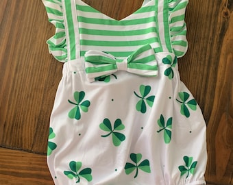 Baby Romper - St Patrick's Day Romper - Baby St. Patty's day outfit -Shamrock Bubble Romper -Ruffle Bottom -Girls Outfit- Green White Outfit