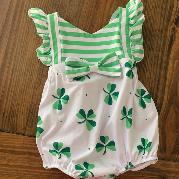 Baby Romper - St Patrick's Day Romper - Baby St. Patty's day outfit -Shamrock Bubble Romper -Ruffle Bottom -Girls Outfit- Green White Outfit