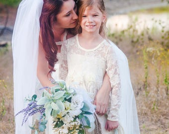 Flower Girl Dress-lvory Lace Long Sleeve Dress- Baby Flower Girl Dress- Dresses- Ivory Girls Dress-Cream Dress- Rustic Wedding Dress