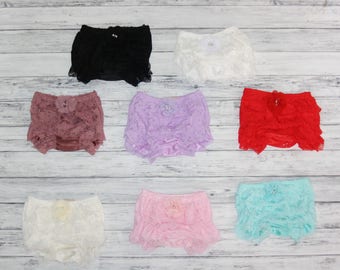 Lace Bloomers with Chiffon Flower-petti bloomers lace- toddler diaper covers-Pink Lace Bloomers -Lace diaper cover-newborn diaper cover