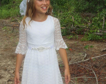 Flower Girl Dress-White Girls Dress- Baby Flower Girl Dress- Dresses-First Communion Dress- Rhinestone Sash included