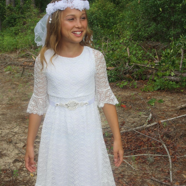 Flower Girl Dress-White Girls Dress- Baby Flower Girl Dress- Dresses-First Communion Dress- Rhinestone Sash included