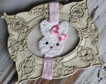 Easter Headband- Toddler Headband- Little Girls Easter Headband- 1st Easter Outfit- Bunny Headband- Shabby Chic Headband-White Bunny- Easter