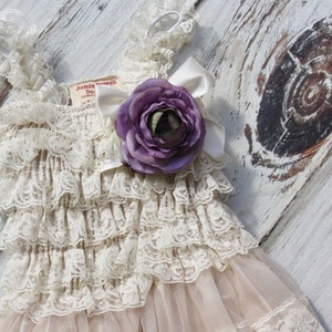 Lace Flower Girl Dress with Purple Flower Flower Girl Dresses-Ivory flower girl dress-Lace dress-Rustic Girls Dress Baby Dress Bridesmaid image 1