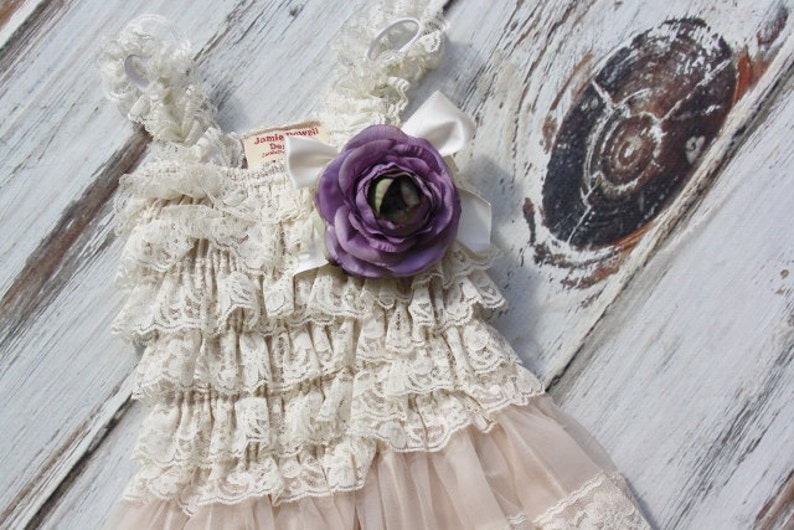 Lace Flower Girl Dress with Purple Flower Flower Girl Dresses-Ivory flower girl dress-Lace dress-Rustic Girls Dress Baby Dress Bridesmaid image 1