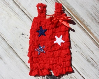 Red Petti Romper with Stars - Lace Romper - Girls Romper -1st 4th of July- Petti Lace Romper - Baby Outfit