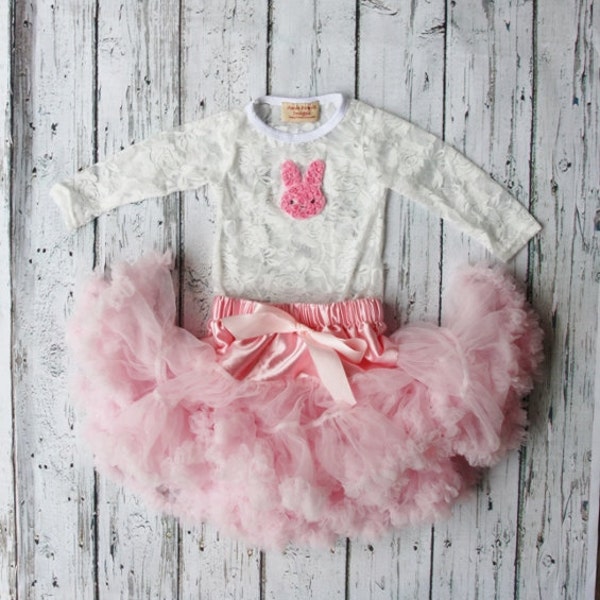 1st Easter Outfit- Pink Tutu- Bunny Lace Shirt- Petti Skirt Set- Babies Tutu Set- Pink Deluxe Petti Skirt- Easter Bunny-Onesie-Photo Prop