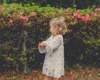 Ivory Long sleeve Flower Girl Dresses- Toddler Dress- Vintage Lace dress- Rustic Girls Dress- Baby Lace Dress- Junior Bridesmaid