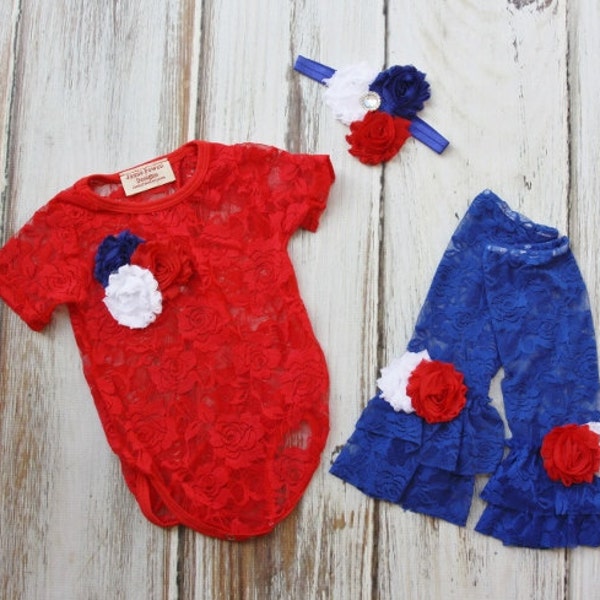 Red Baby lace shirt, Headband and Legging set- 1st 4th of July Outfit lace baby bodysuit-Lace tshirt-Tutu top- lace baby shirt-Baby Clothes