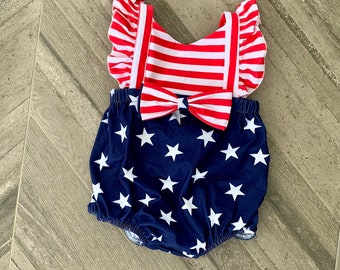 Baby Romper - 4th of July Romper - baby 4th of july outfit - Bubble Romper - Ruffle Bottom - Girls 4th of July Outfit-Red White Blue Outfit