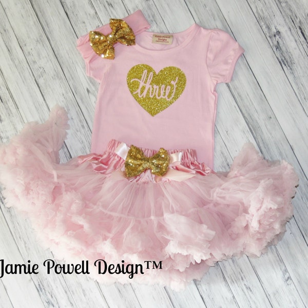 Girls Deluxe Birthday Outfit Pink Skirt w/ Messy Sequins Gold Bow and Shirt Set-One, Two etc-Toddler Skirt-Petti-Tutu skirt-Fluffy Skirt