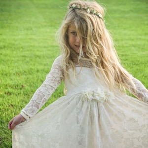 Flower Girl Dress-lvory Lace Long Sleeve Dress- Baby Flower Girl Dress- Dresses- Ivory Girls Dress-Cream Dress- Rustic Wedding Dress