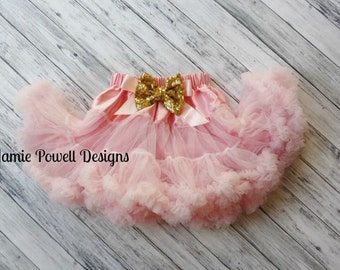 Girls Deluxe Ruffle Skirt w/ Messy Sequins Gold Bow-Toddler Skirt-Girls Pink Skirt-Lace Petti-1st Birthday Outfit-Tutu skirt-Fluffy Skirt