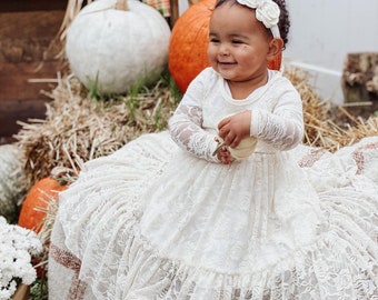 Baptism Dress-White Lace Long Sleeve Dress- Baby Flower Girl Dress- Dresses- Ivory Girls Dress-Cream- Rustic Wedding Dress-Christening Gown