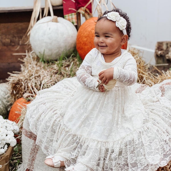 Baptism Dress-White Lace Long Sleeve Dress- Baby Flower Girl Dress- Dresses- Ivory Girls Dress-Cream- Rustic Wedding Dress-Christening Gown