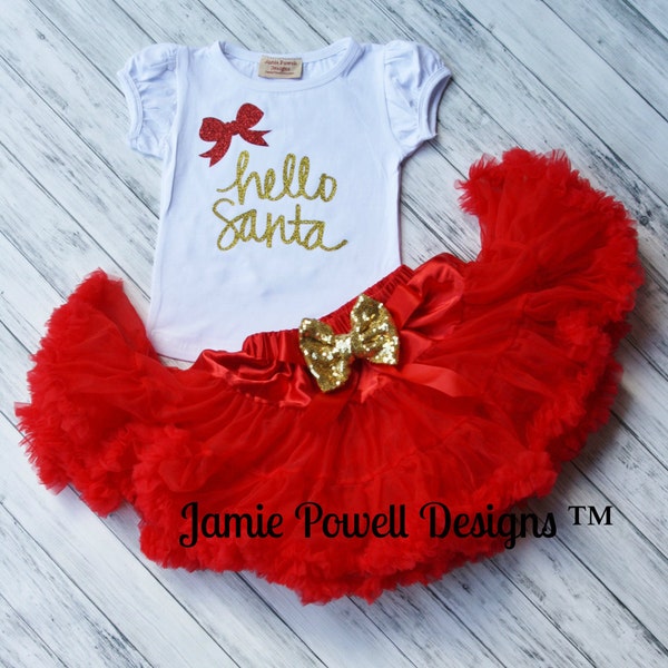 Girls Deluxe Christmas Outfit Red Skirt w/ Messy Sequins Gold Bow and Shirt Set-Hello Santa-Toddler Skirt-Lace Petti-Tutu skirt-Fluffy Skirt