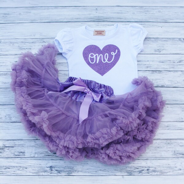 Girls Deluxe Purple Birthday Outfit Purple Skirt w/ Satin Bow and Shirt Set-One, Two etc heart, Toddler Skirt-Petti-Tutu skirt-Fluffy Skirt