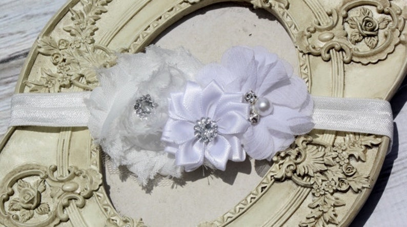 Christening Headband,white baby headband,newborn headband, baby girl headband,baptism headband, infant headband, Baby hair bows image 1