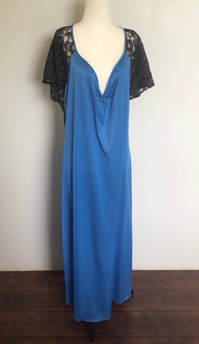 Plus Size XXL Plunge Neck and Back Royal Blue Nightgown Pygamas Slip Dress Vintage
