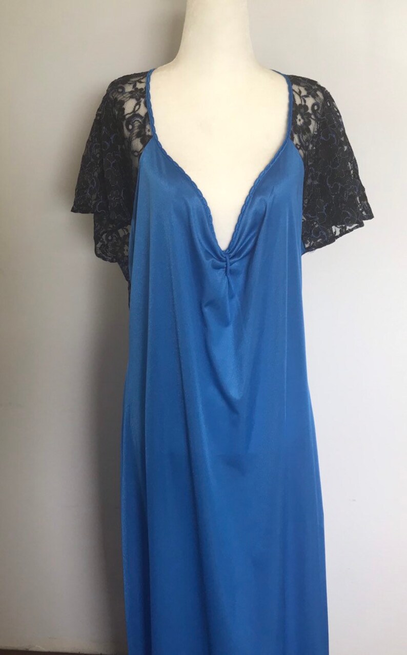 Plus Size XXL Plunge Neck and Back Royal Blue Nightgown Pygamas Slip Dress Vintage