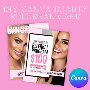 DIY Canva 美容紹介カード、友達紹介プロモーションカード、美容割引カード、既成サロンロイヤルティリワードカード、紹介ビジネスカード