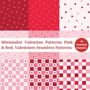 10 Minimalist Valentine Patterns Pink & Red, Valentines Seamless Patterns, Heart Backgrounds, Cute Scrapbook Paper Set,Pink And Red Hearts