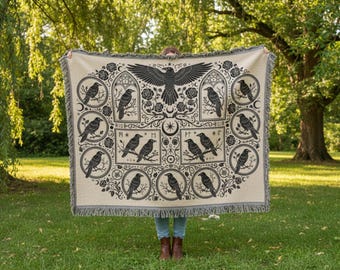 Gothic Raven Woven Blanket | Vintage Crow Tapestry Throw | Witchy Cottagecore Home Decor | Heirloom Style Cotton Blanket Halloween