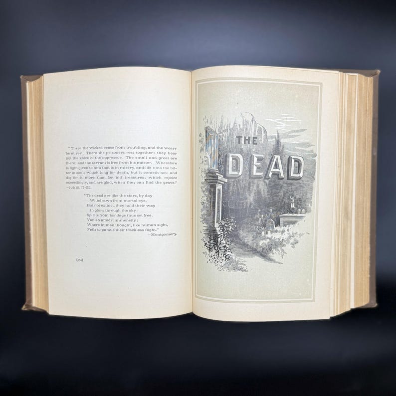 May include: A black and white illustration of a cemetery with a sign that reads "The Dead". The illustration is from an old book and has a vintage feel.