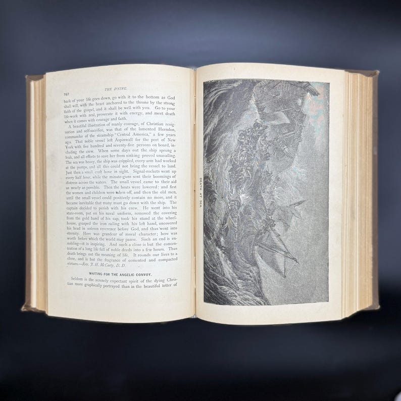 May include: A black and white illustration of a ship sinking in a stormy sea. The ship is being swallowed by the waves. The text "Death at Sea" is printed in the upper right corner of the image.