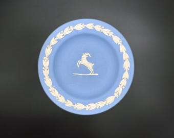 Capricorn Wedgwood Blue Jasperware Plate • Zodiac • Astrology • Neoclassical Stoneware Pin Dish • Rearing Ram • 1970s
