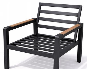 Moderner Aluminium-Sessel, graue Sitzmöbel im Freien, wetterbeständige Kissen