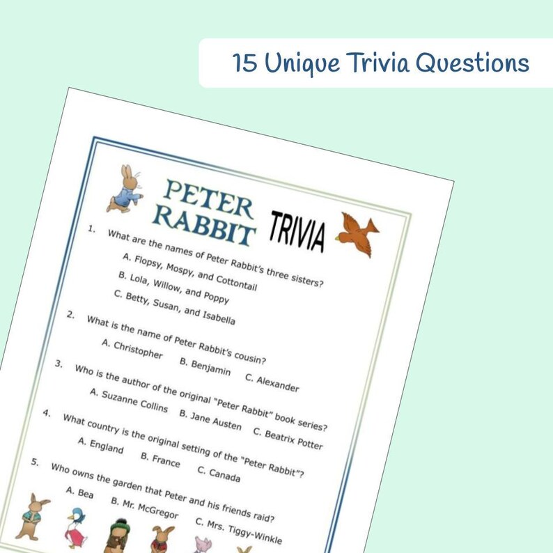 Peter Rabbit Party Trivia Game | 15 Fun Questions + Answer Sheet ...