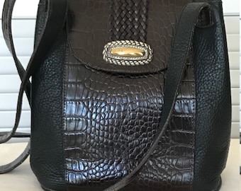 Shop Closing Free Shipping vintage Brighton Black Pebble Grained leather handbag with faux croc trim - black leather handbag