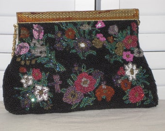 Shop Closing Free Shipping vintage Beaded Evening Bag - black evening bag - holiday handbag - multi colored bead handbag - vintage 1990s
