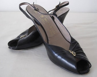 Shop Closing 50% Off and Free Shipping - vintage Black Leather Peeptoe Slingback High Heel Sandals by Bruno Magli  size 9 1/2 narrow