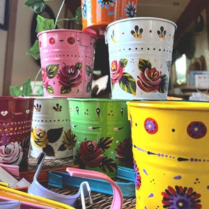 Hand Painted Hanging Plant Pot: Colorful Folk Art Metal Planter. More Stock COMING SOON!