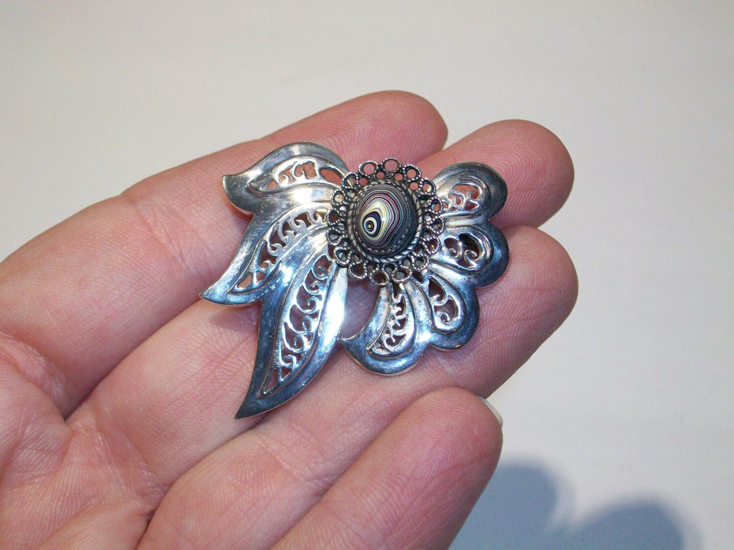 Vintage Sterling Silver Brooch Pin 925 With Original Fordite Etsy