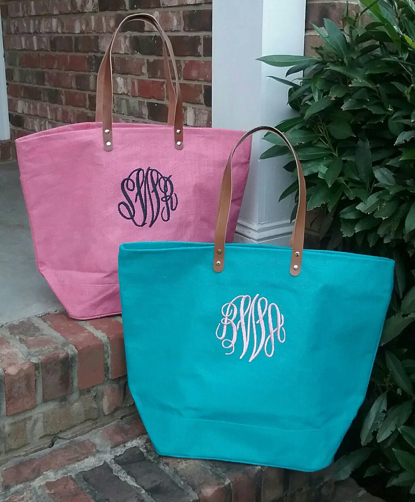 Personalized Monogrammed Large Jute Tote Bag with Leather | Etsy