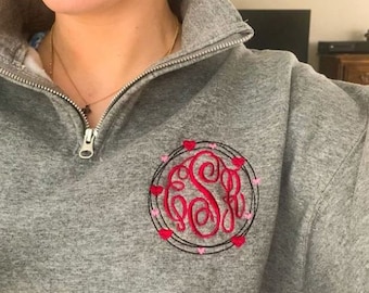 Embroidered Valentine's Day Sweatshirt, Monogram Quarter Zip Pullover, Monogrammed Pullover, Personalized Quarter Zip Sweatshirt